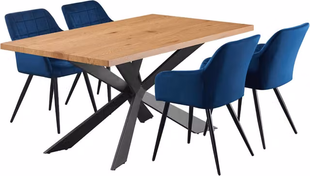 Life Interiors Duke Camden Dining Set with Blue Velvet Upholstered Chairs and Oak Wood Table