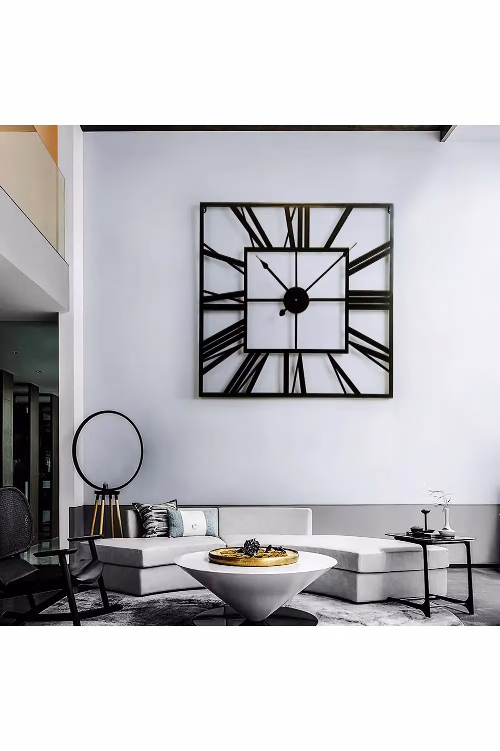 Living and Home Modern Roman Numeral Skeleton Square Metal Wall Clock in Black, Diameter: 60 cm – 2