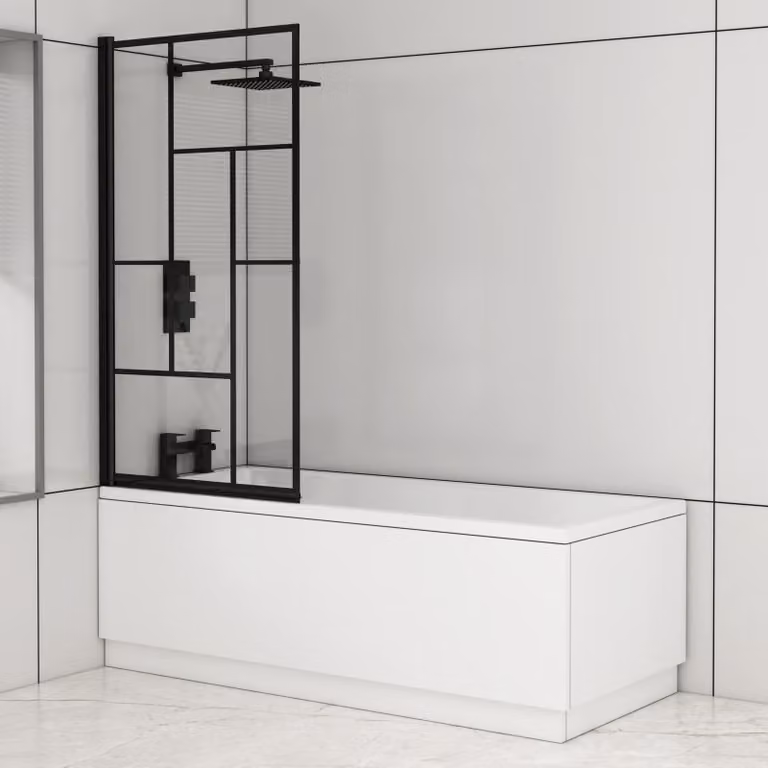 Royal Bathrooms Cesar Square Single Ended Acrylic Shower Bath with Black Abstract Grid Screen, White, W: 160 cm, D: 70 cm, H: 55 cm