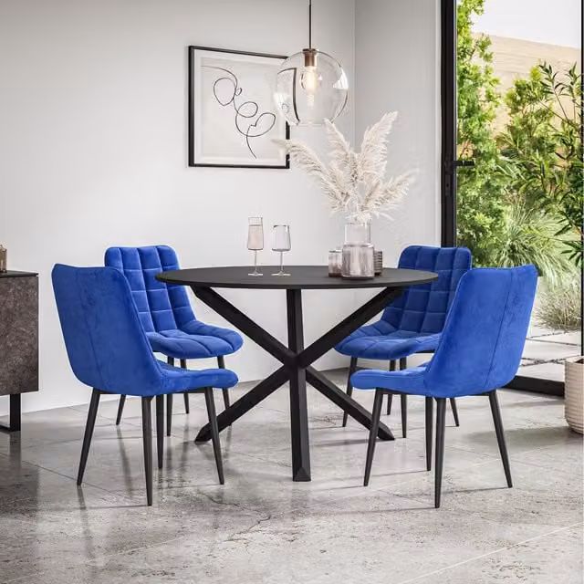More4Homes Malvern Round Black Dining Table Set with Black Oak Legs and 4 Blue Nova Velvet Chairs, Diameter: 120 cm, Height: 75 cm