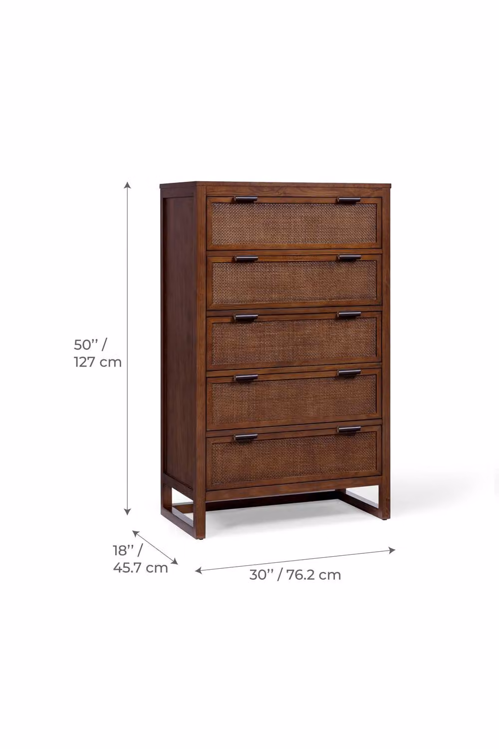 Teamson Home Hatteras 5 Drawer Bedroom Chest of Drawers with Rattan Inset Drawers, Walnut Finish, Brown, H 127 x W 45.7 x D 44 cm – 4
