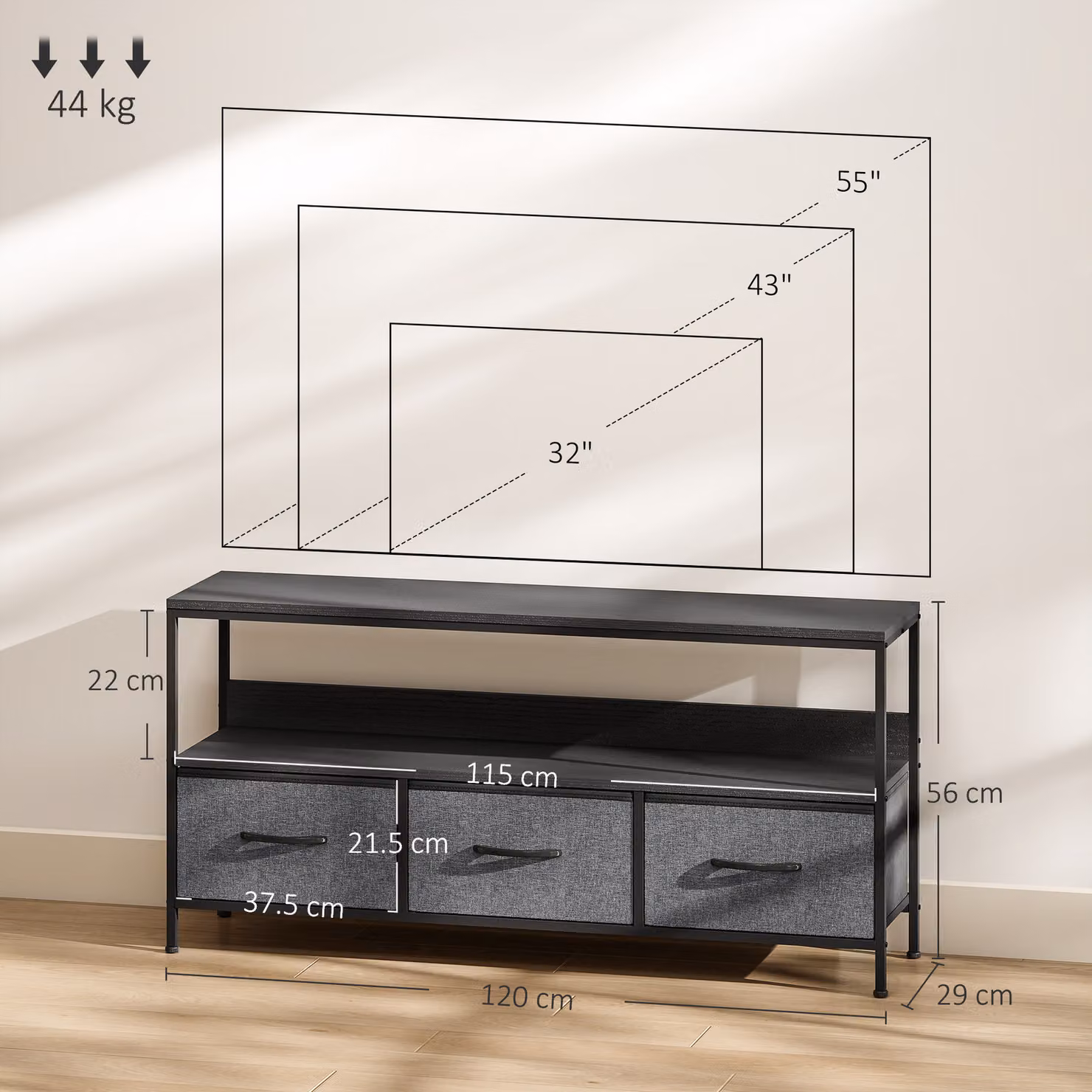 HOMCOM Modern Black TV Stand Cabinet with 3 Foldable Drawers and Metal Media Compartments – 3