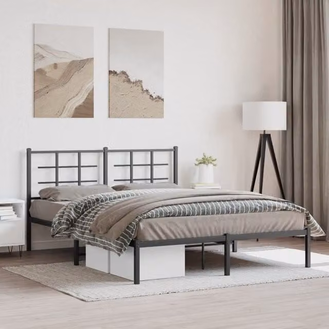 Berkfield Home Metal Bed Frame with Headboard, Black, W/D/H: 150 x 200 cm