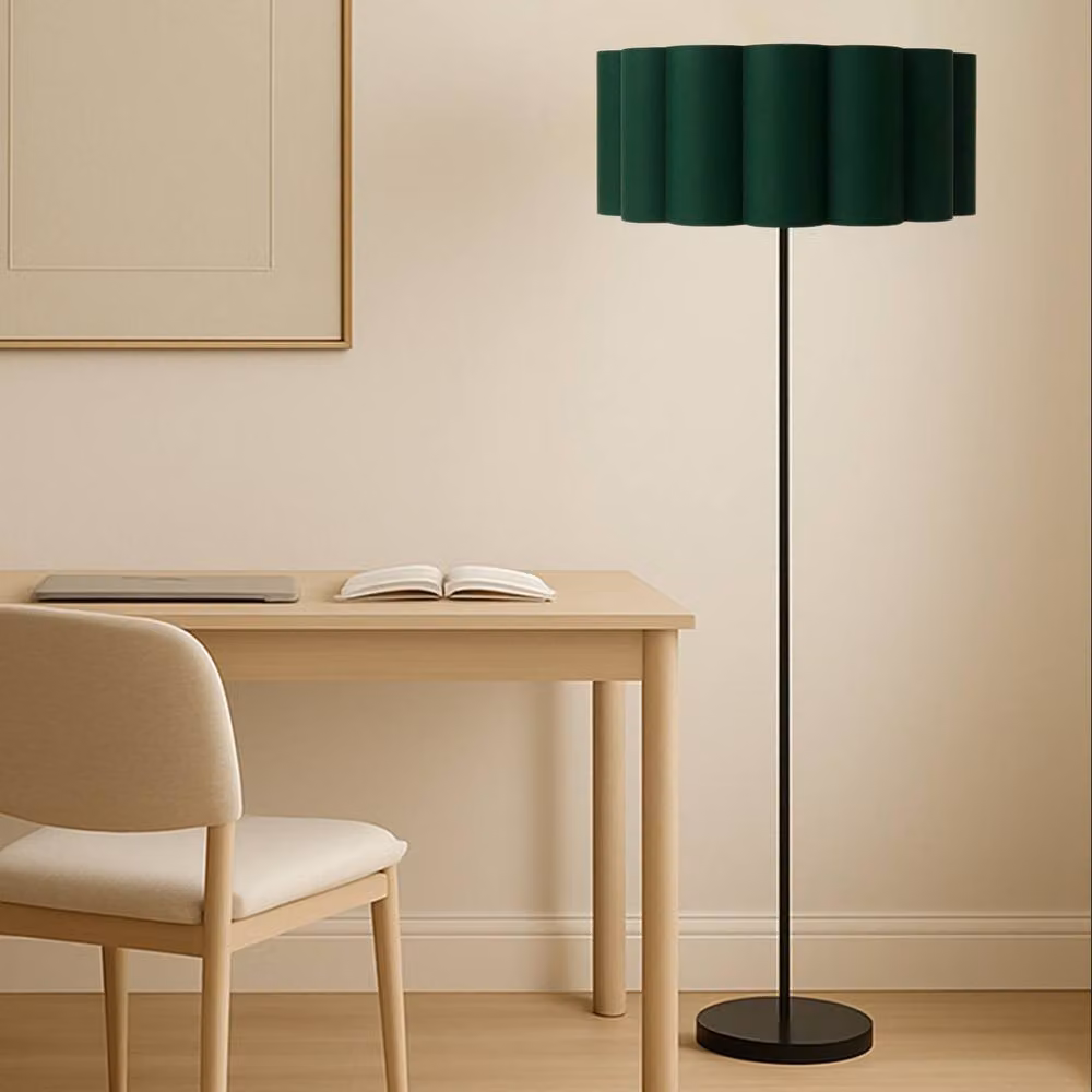 CGC Lighting Lena Matt Black Straight Floor Lamp with Large Scalloped Fabric Lampshade – 2
