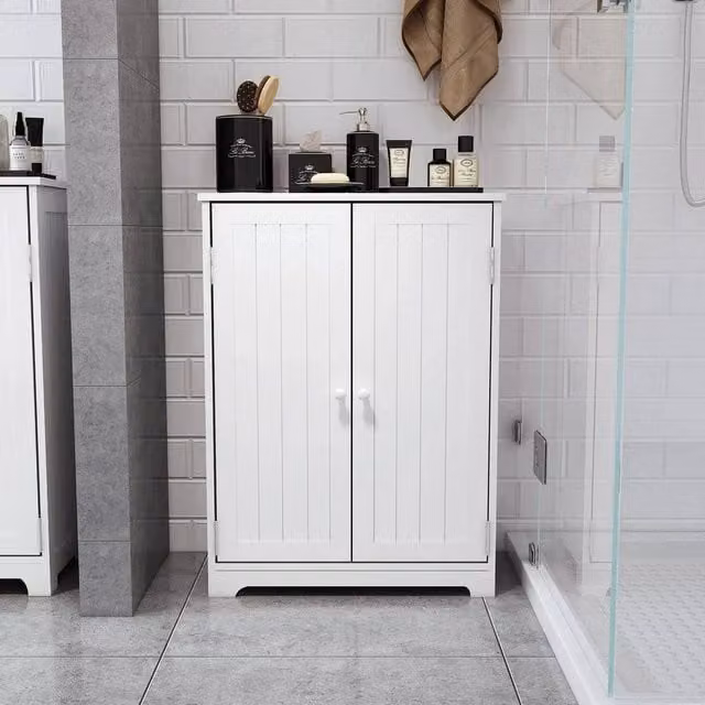 EONLION White Glossy Bathroom Cabinet Sideboard with Hinged Doors and Internal Shelves