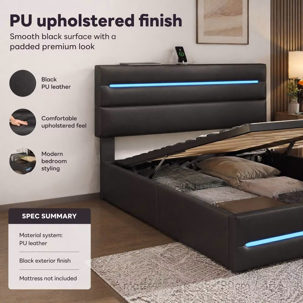 STILVORA Double Ottoman Bed with Storage, LED Lighting and USB Charging Port in Black – 8