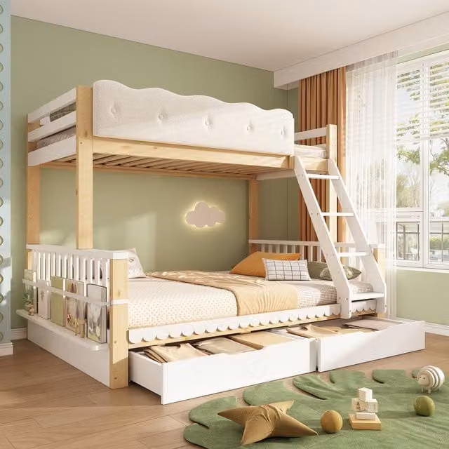 AKA Modern White Children's Bunk Bed with Drawers and Side Bookshelf