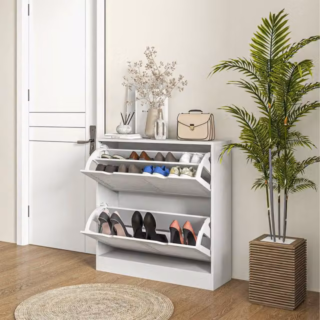 HOMCOM Slim White Shoe Storage Cabinet with 2 Tilting Compartments and Internal Shelves for Hallways and Entryways
