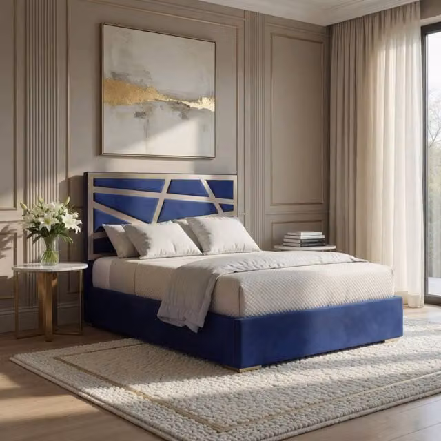KDMD Frilford Blue Velvet Upholstered Metal Designer Bed Frame, W/D/H: 140 x 200 x 127 cm (Height: 189 cm)