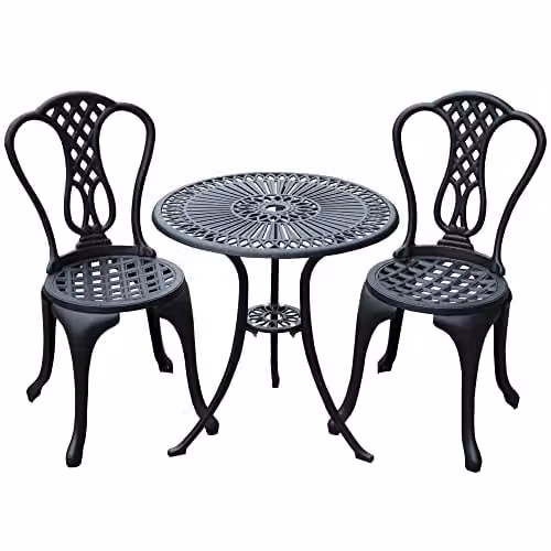 Outsunny 3 Piece Shabby Chic Cast Aluminium Bistro Set in Matt Black with Floral Design