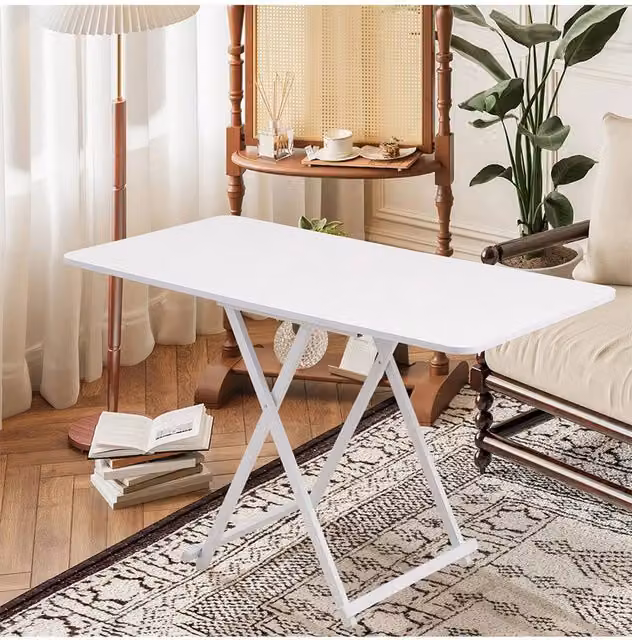 Living and Home Modern Rectangular Foldable Dining Table in White with Metal X-Frame – 1