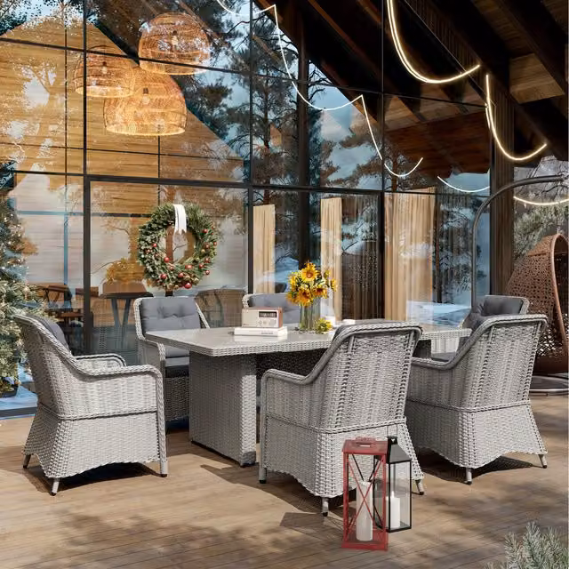 Outsunny 7 Piece PE Rattan Wicker Patio Dining Table Set with Cushions in Light Grey