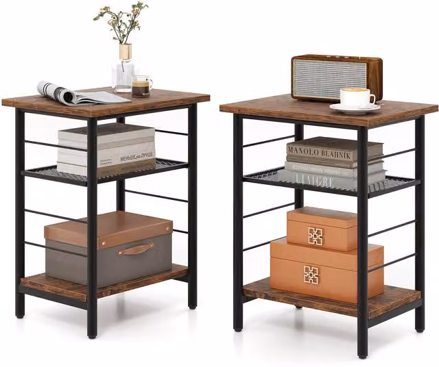 COSTWAY Industrial 3-Tier Square End Table in Brown Wood and Metal
