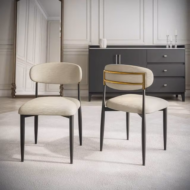 Modish Furnishing Set of 2 Azure Cream Chenille and Gold Metal Dining Chairs