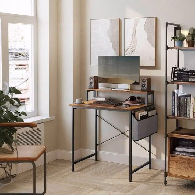 VASAGLE Industrial Computer Desk with Monitor Riser in Brown and Black