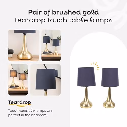 ValueLights Brushed Gold Teardrop Touch Dimmer Table Lamp with Navy Blue Fabric Shade and Bulb Included – 2