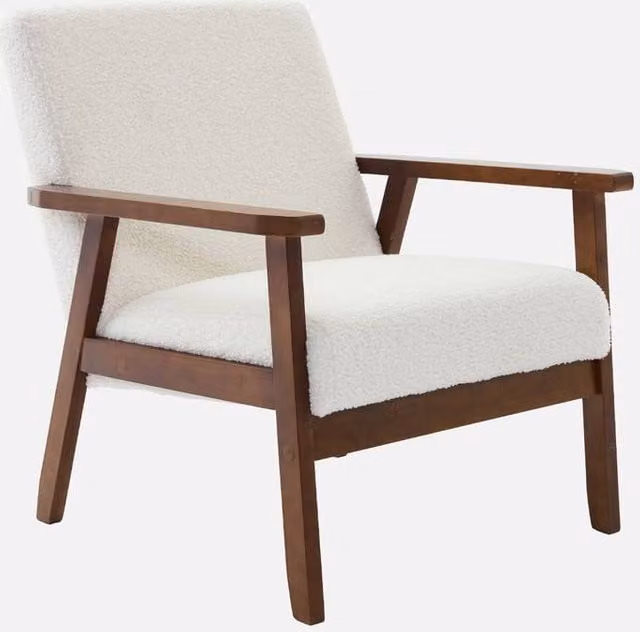 sweeek Scandi-style Armchair in Cream Boucle Fabric with Walnut-stained Wood Frame, W/D/H: 73 x 69.5 x 73 cm