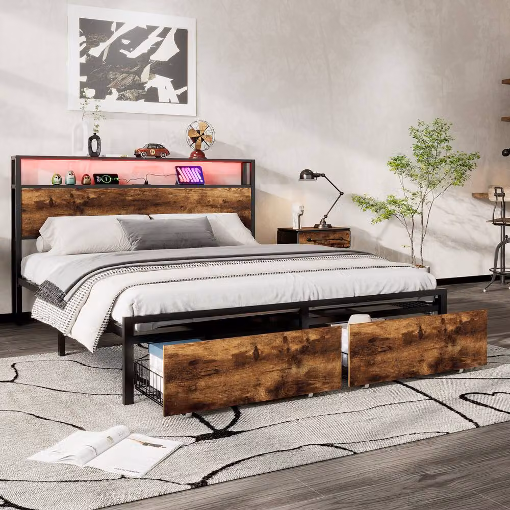 Merax Double Industrial Metal Bed Frame with Storage Drawers and LED Headboard in Black, W/D/H: 140 x 200 x 135.5 cm – 2