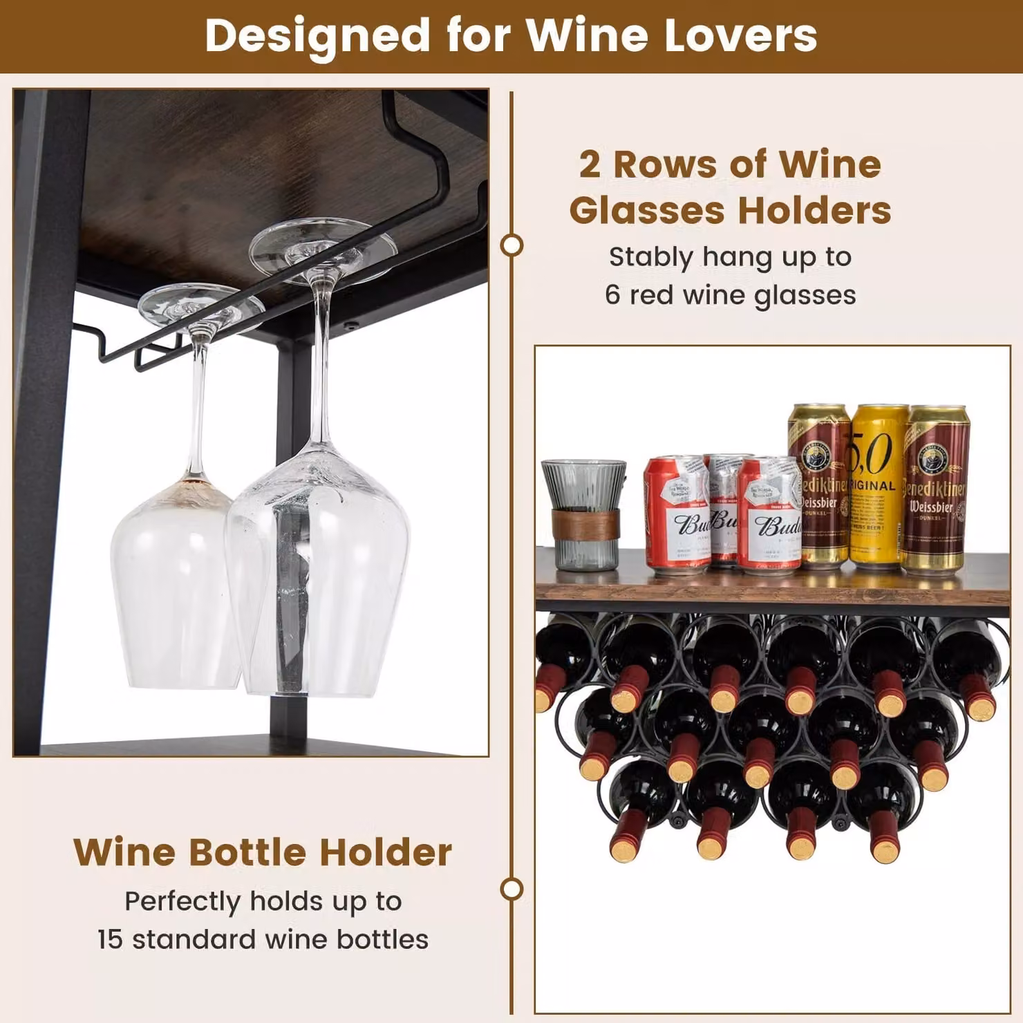 Costway 3-tier Industrial Wine Bar Cabinet with Storage Shelves and Glass Holder in Brown – 5