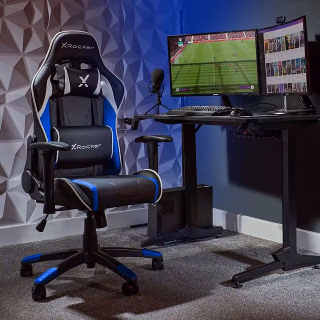X Rocker Agility Junior Gaming Chair in Blue and White with Synthetic Leather and Headrest