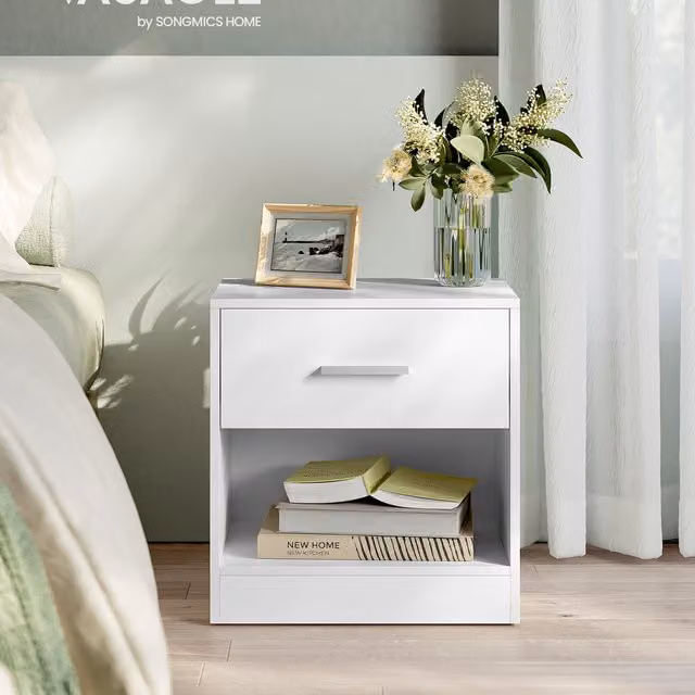 VASAGLE Modern Bedside Table with Drawer in White
