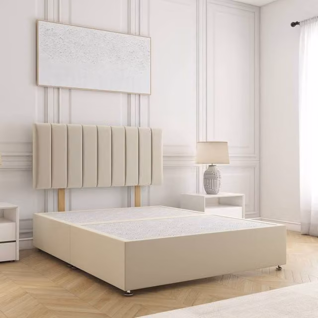 BSSPOKE Aria Super King Divan Bed with 24 inch Plush Velvet Headboard in Beige