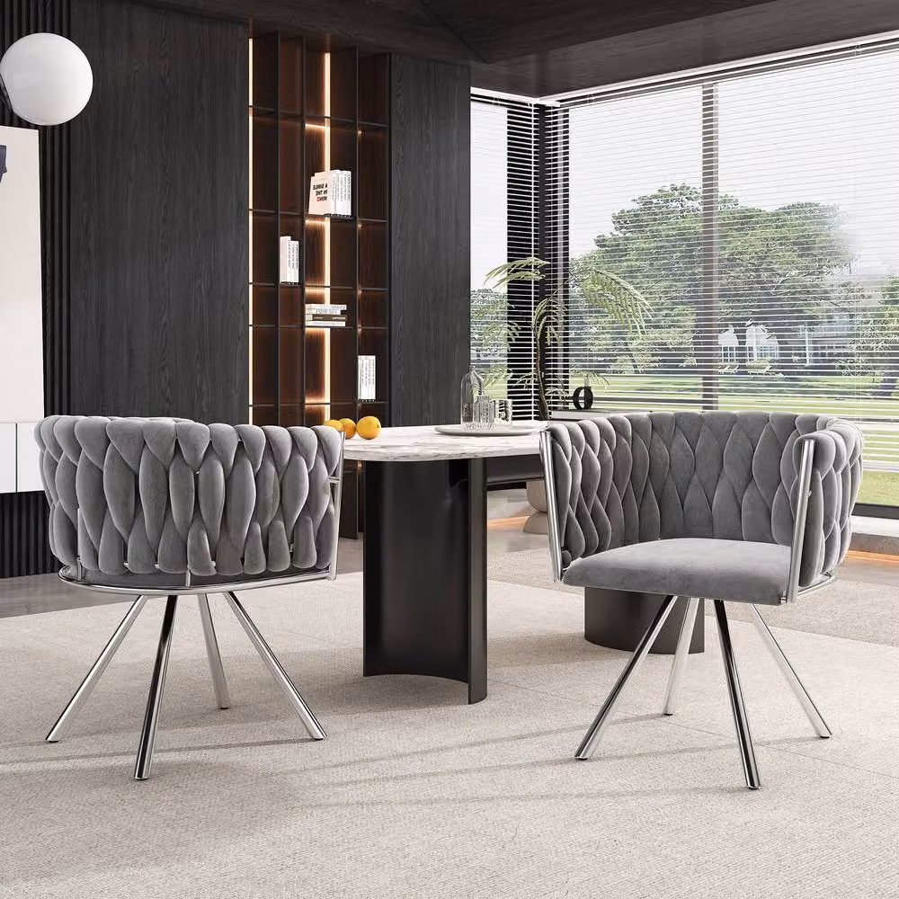 Merax Set of 2 Grey Velvet 360-Degree Swivel Dining Chairs with Metal Legs – 2