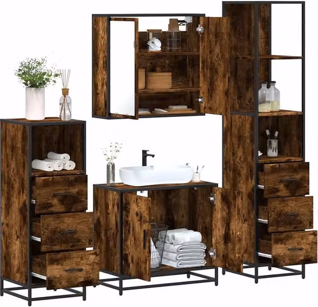 Berkfield Home 4-Piece Industrial Bathroom Furniture Set in Smoked Oak and Brown