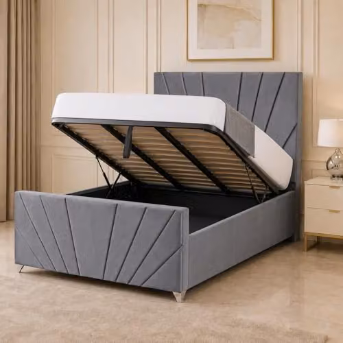 Living Comfort Bedz Sunrise Bed in Grey Plush Velvet with Gas Lift Base, W/D/H: 200 x 180 x 127 cm