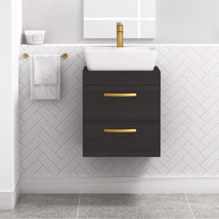 Royal Bathrooms Hale Black 500mm Wall Hung 2 Drawer Vanity Unit with Cube Countertop Basin and Brushed Brass Handle
