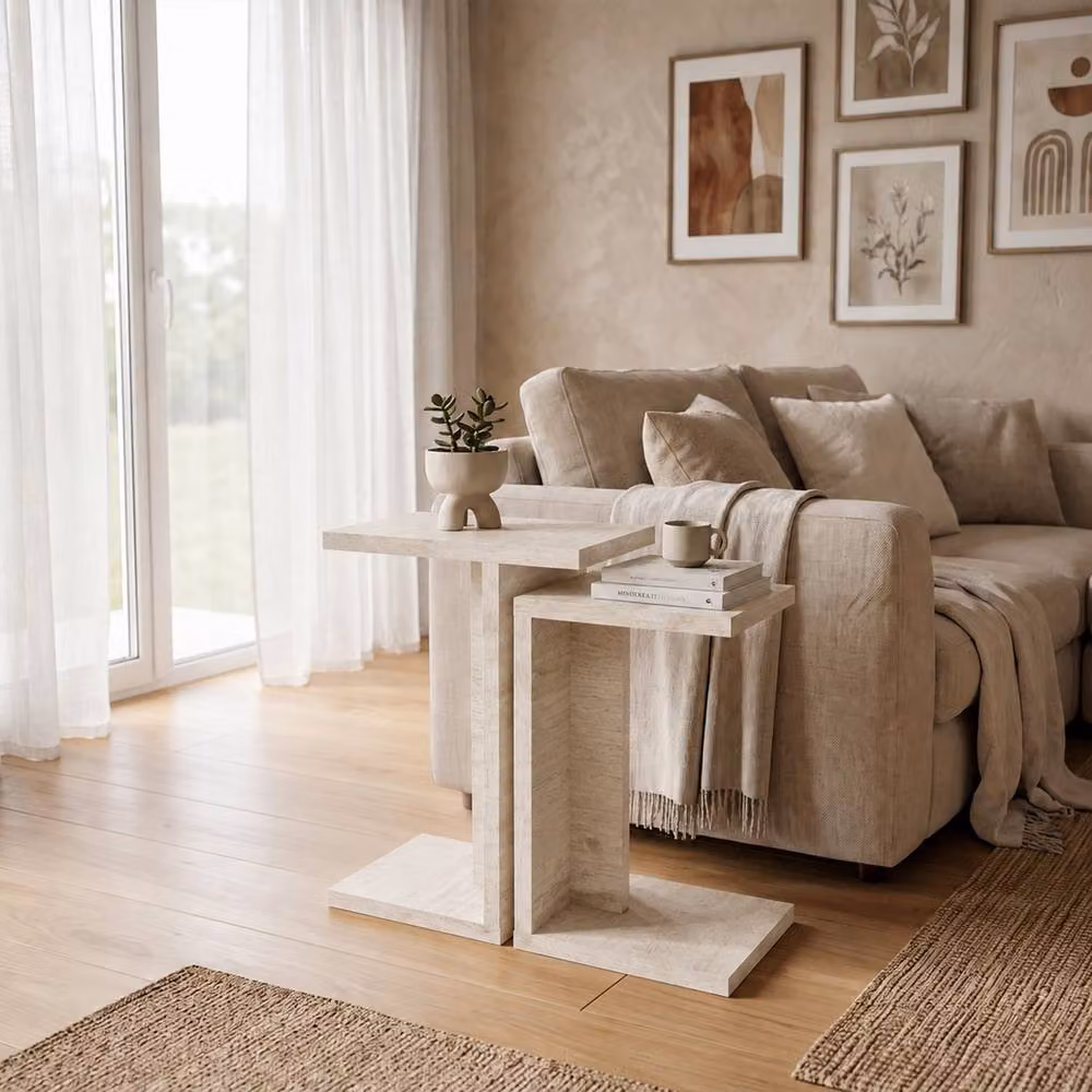 Decortie Nero Set of 2 C Shaped Sofa Side Tables in Stone – 4