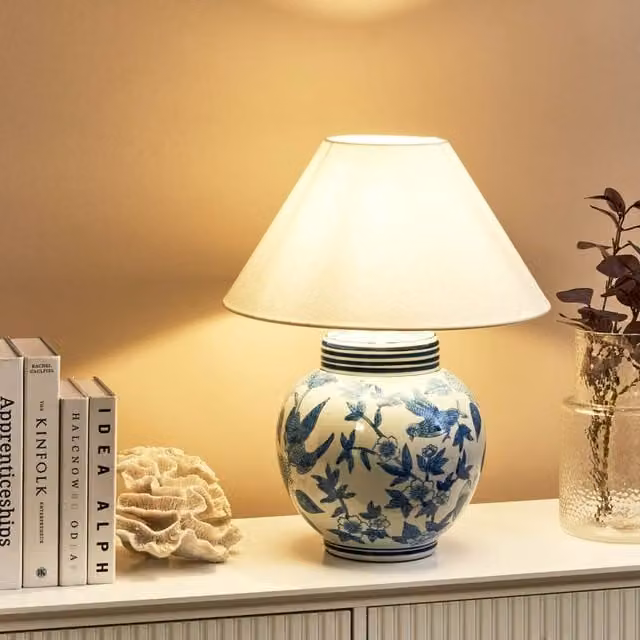 Wyld and Coco Porcelain Table Lamp with White and Blue Floral Ceramic Base and White Fabric Shade