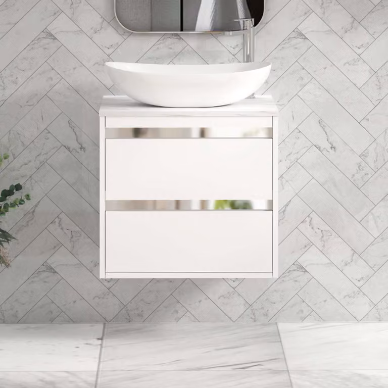 Royal Bathrooms Orion Matt White Wall Hung Vanity Unit with Cesar Basin and Chrome Accent Trim, Width: 60 cm