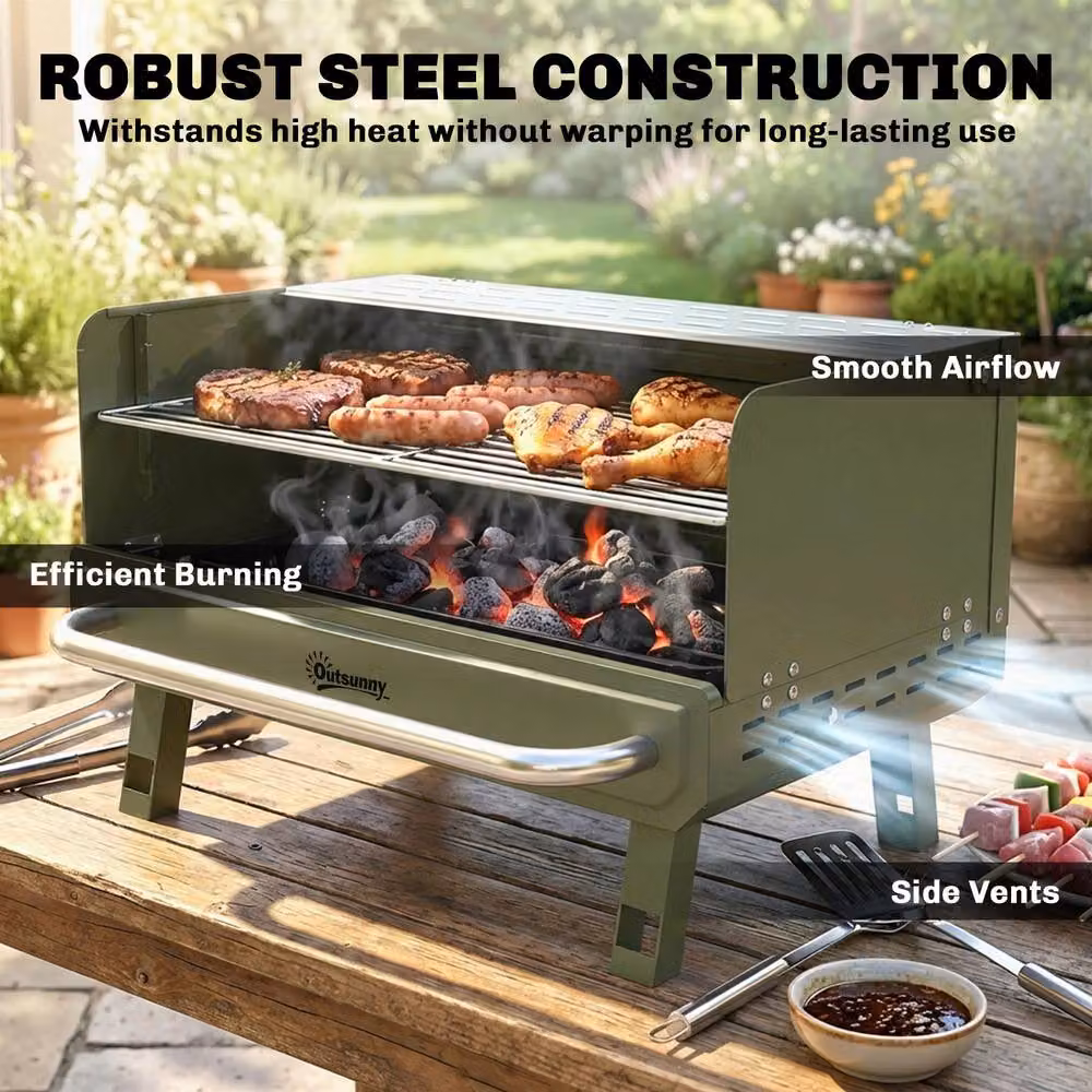 Outsunny Portable Tabletop Charcoal Barbecue Grill with Stainless Steel Warming Rack in Green – 4