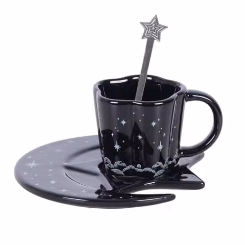 Kingsbury Gifts Spellbound Sky Espresso Cup, Saucer and Spoon Set in Black, White and Silver
