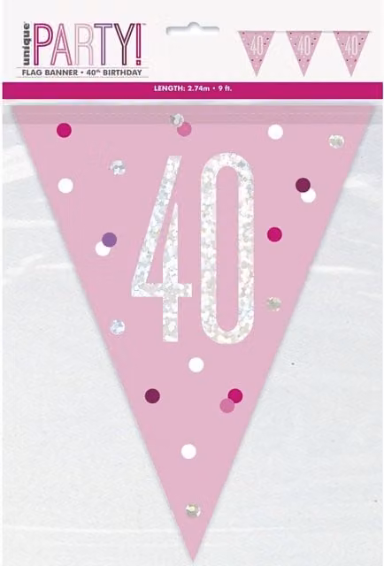 KDMD Pink and Silver Prismatic Plastic 40th Birthday Flag Banner for Adults
