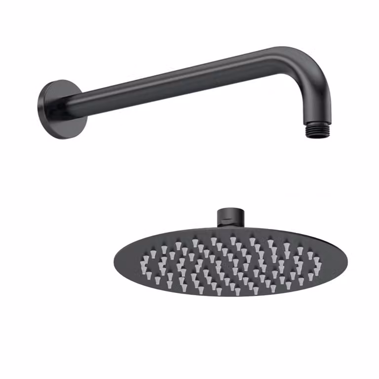 Royal Bathrooms Windon Round Matt Black Fixed Overhead Shower Head with Wall Mounted Arm and Anti-Limescale Feature, Diameter: 200 mm