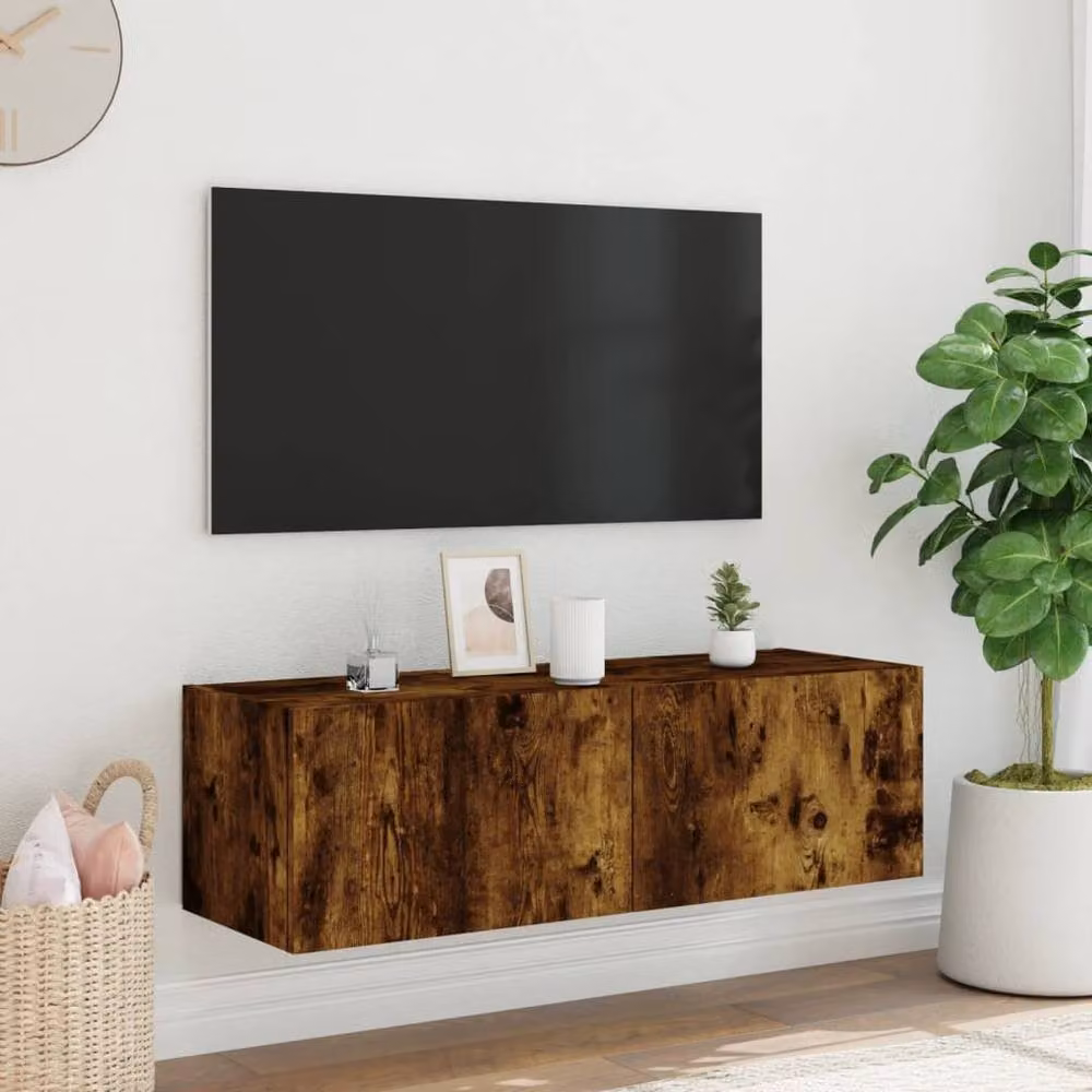 Berkfield Home Modern Wall Mounted TV Cabinet with Integrated LED Lights in Smoked Oak Brown, W/D/H: 100 x 35 x 31 cm – 5