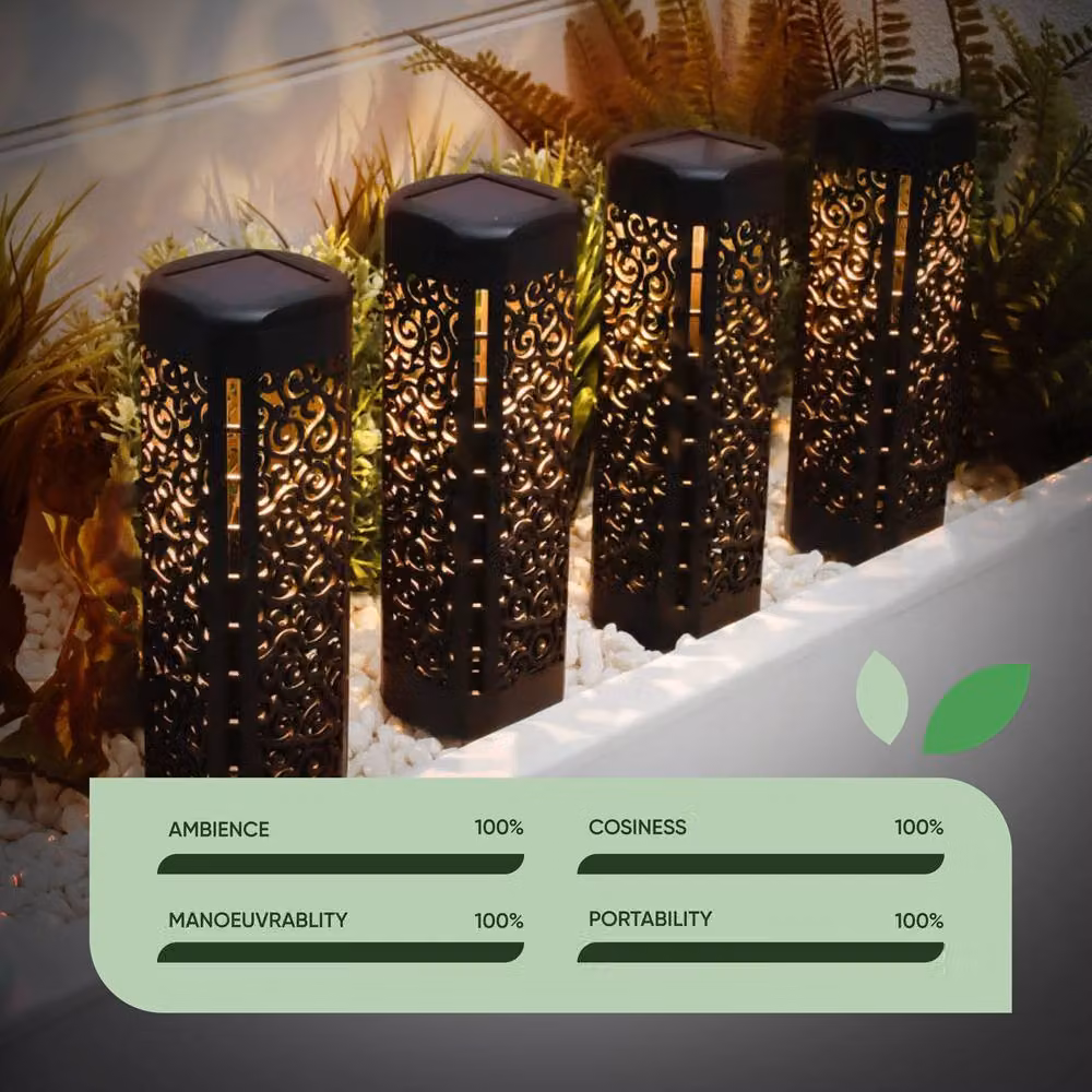 Gardenwize Pack of 4 Solar Powered LED Garden Path Lights in Black with Warm White Light and Dusk Sensor – 4