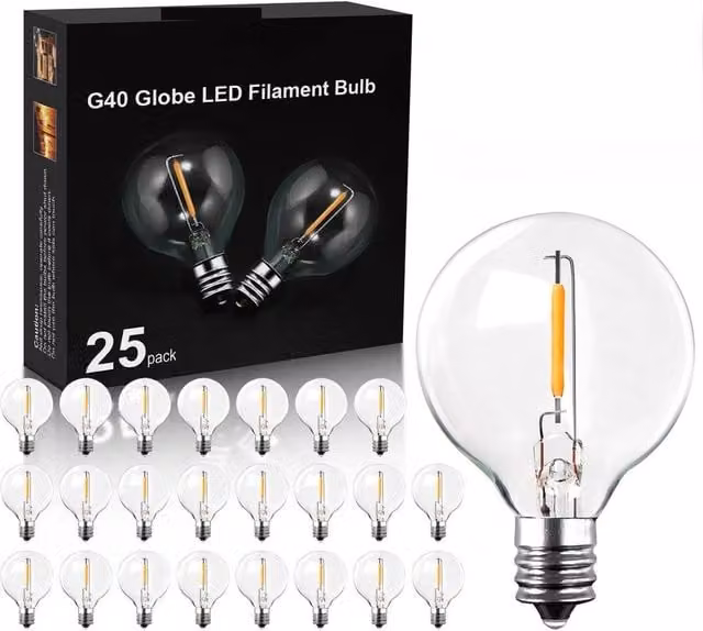 EONLION 25 Pack E12 G40 LED Globe Light Bulbs, Warm White 2700K, Shatterproof Vintage Replacement, Transparent
