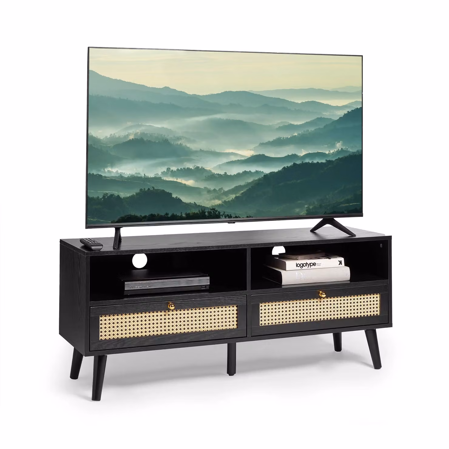 VonHaus Art Deco Black and Gold Rattan TV Unit, W: 120 cm, D: 40 cm, H: 51 cm – 6