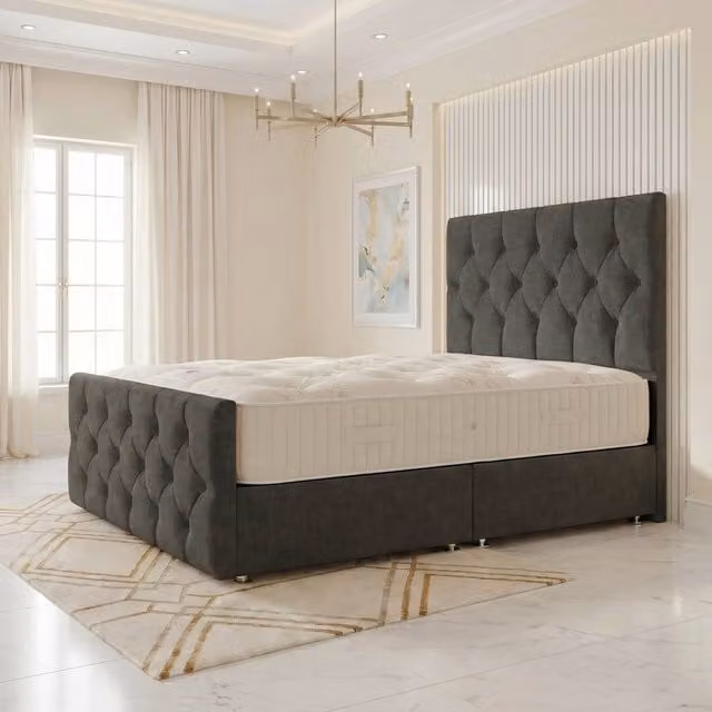 Somnior Ziggy Linen Divan Bed with Spring Mattress and Headboard and Footboard in Grey, W/D/H: 140 x 200 x 28 cm