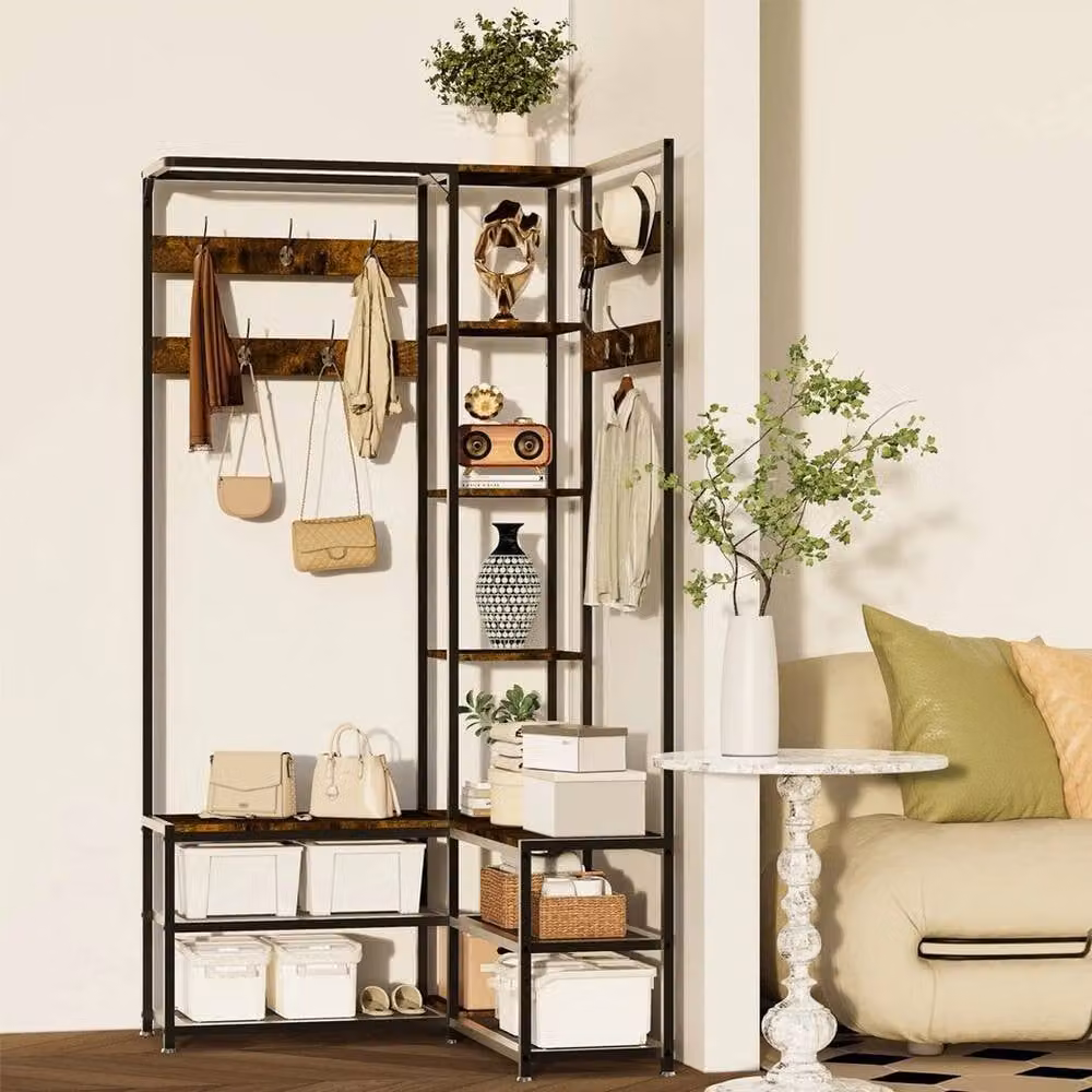 KORVIXA 3 in 1 Corner Hall Tree Coat Rack Stand with Bench and Entryway Storage, Brown – 4