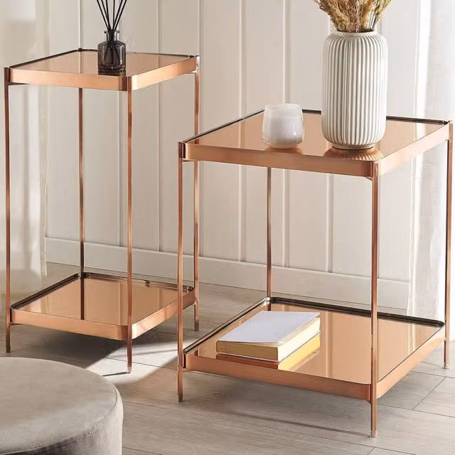 Wyld and Coco Copper Tempered Glass Side Table with Shelf W/D/H: 29 x 29 x 60 cm