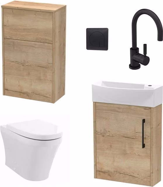 Balterley Modern Left Hand Cloakroom Suite with Vanity, WC, Toilet and Tap Set in Oak, Black and Grey, 440mm