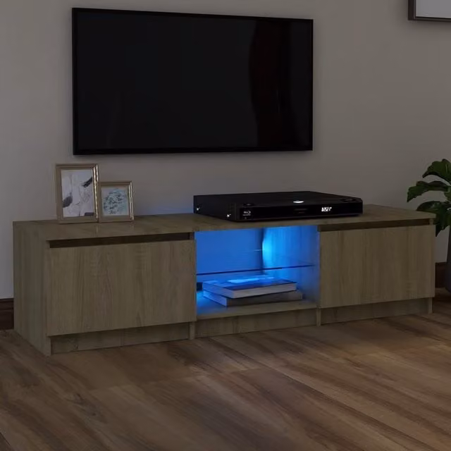 Berkfield Home Modern TV Cabinet with Integrated LED Lights in Sonoma Oak Brown, W/D/H: 140 x 40 x 35.5 cm – 1