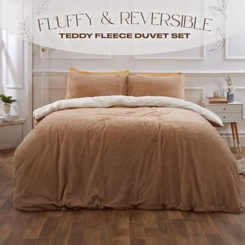 Brentfords Reversible Teddy Fleece Duvet Cover and Pillowcase Set, Mink Latte Cream, Single – 2
