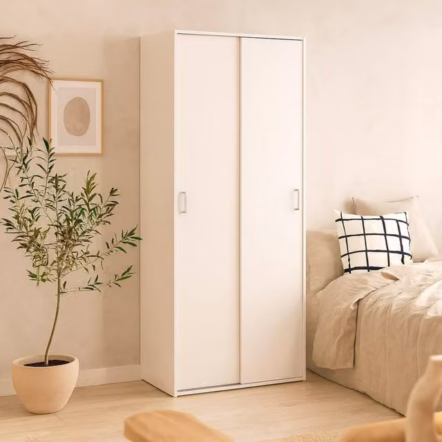 Wyld Haus Munich White Sliding Door Wardrobe with Internal Shelves and Hanging Rod, W/D/H: 175.4 x 48.2 x 41.2 cm