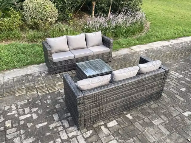 Fimous 6 Seater Wicker Rattan Garden Furniture Set with Square Coffee Table and Ottoman in Dark Grey Mixed