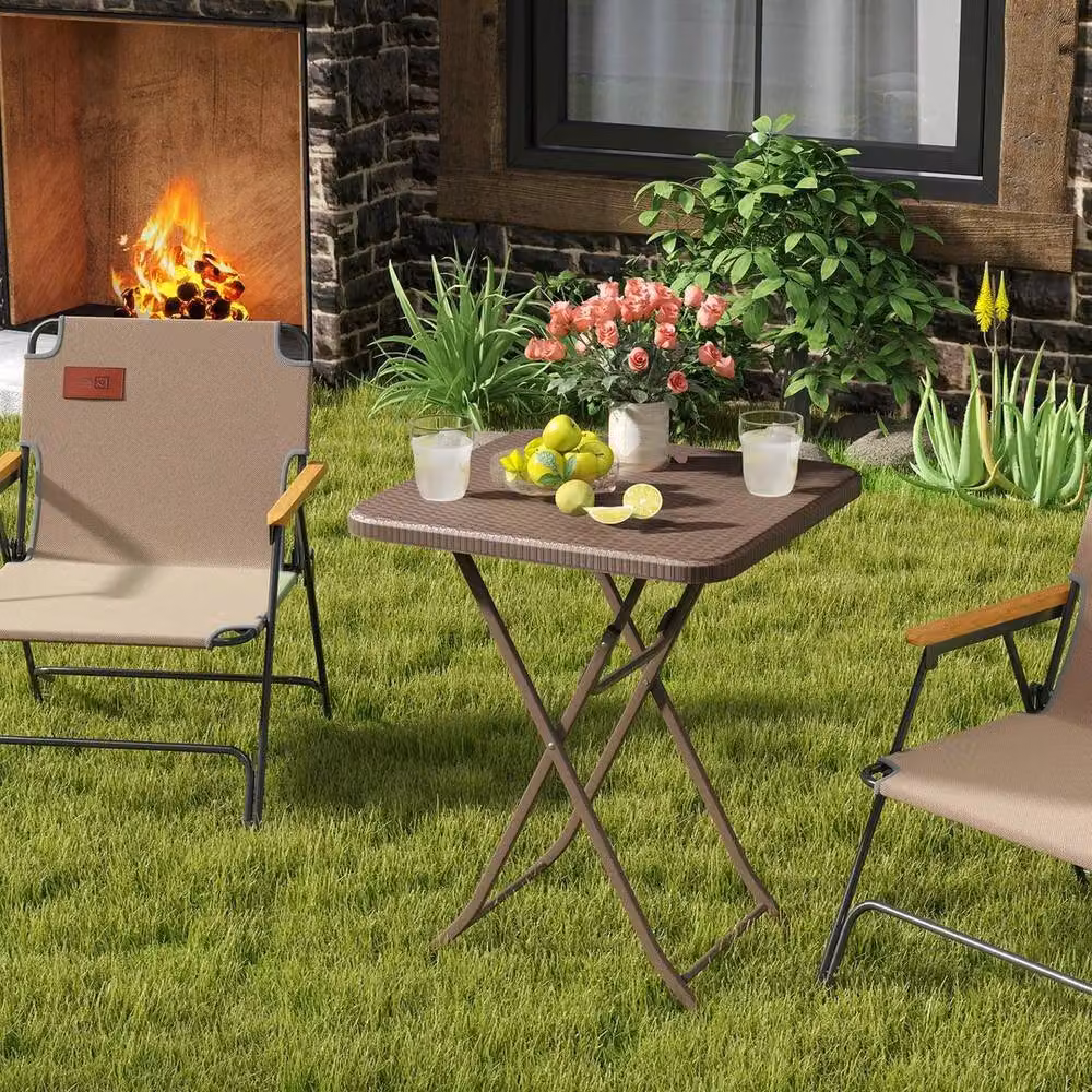 KORVIXA Brown Rattan Textured Folding Picnic Table for Indoor and Outdoor Use, W/D/H: 100 x 100 x 72 cm – 3